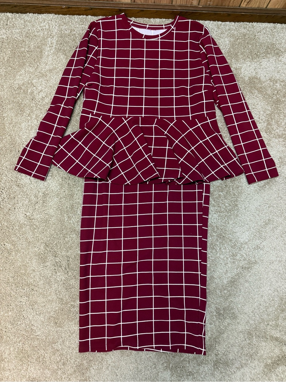 & Other Stories Burgundy Windowpane Peplum Long Sleeve Dress